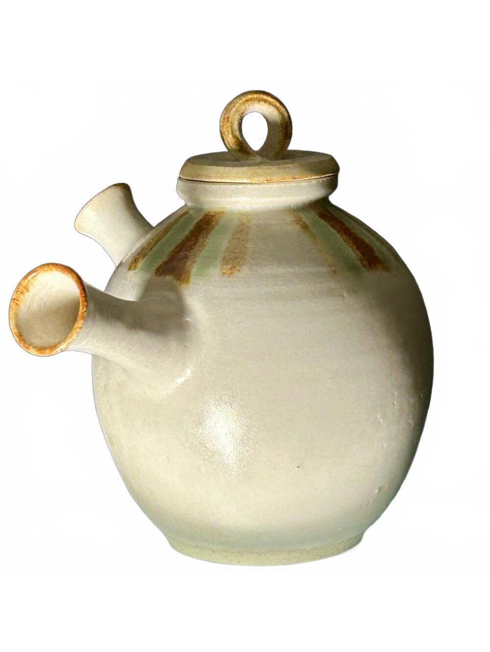 Mari Artist Signed Studio Tea Elegant Cream Tan Blue Ceramic Green Tea Teapot
